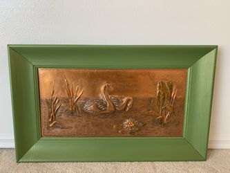 Vintage Copper Swan Painting With Green Wooden Frame