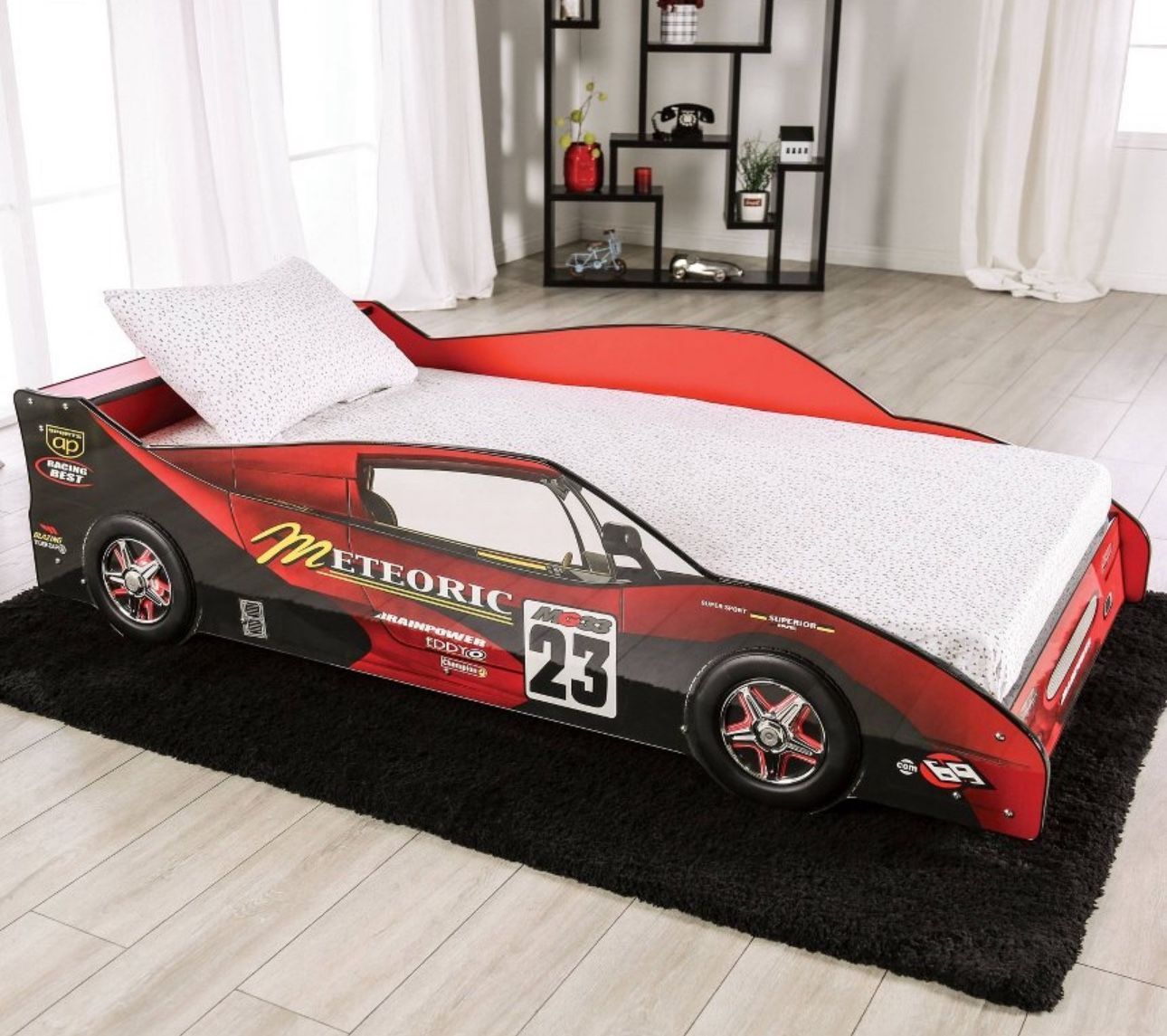 Twin Kids Race Car Platform Bed With Mattress