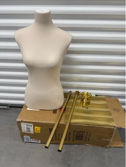 Like New Female Mannequin Torso Dress Form Adjustable Stand Metal Base Beige Gold Leather