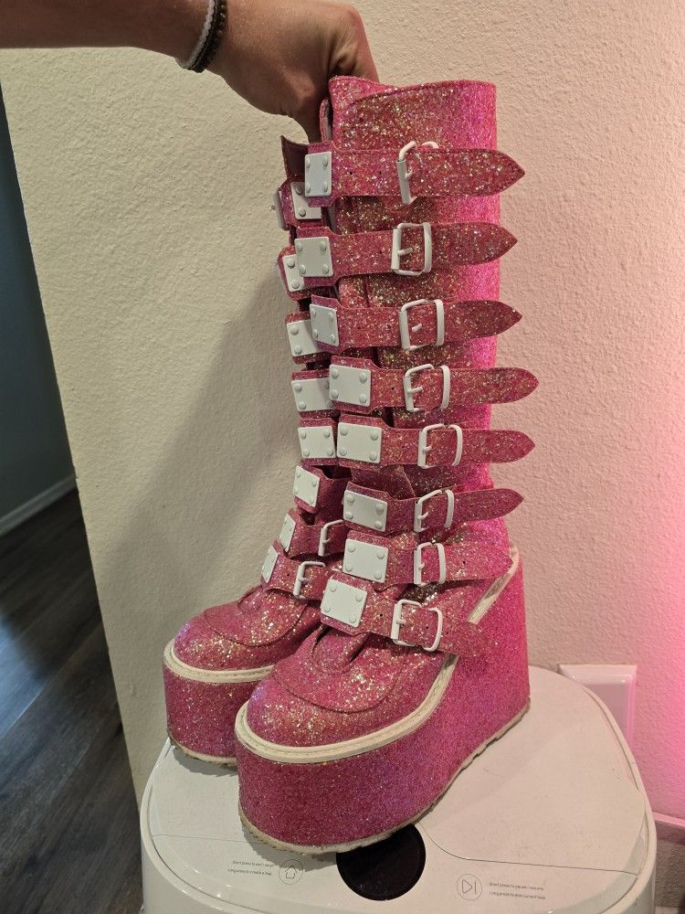 Pink Glitter Demonia Platform Boots (W 9.0)
