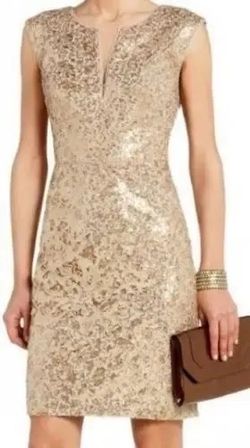 NWT Size 8, BCBGMAXAZRIA "Kaya" Gold Sequin Bodycon Open-Back Dress