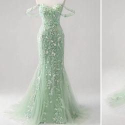 Prom dress sage green -mermaid sequins corset off the shoulder dress