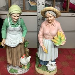 Vintage Porcelain (2) Figurine, Woman Feeding Animals