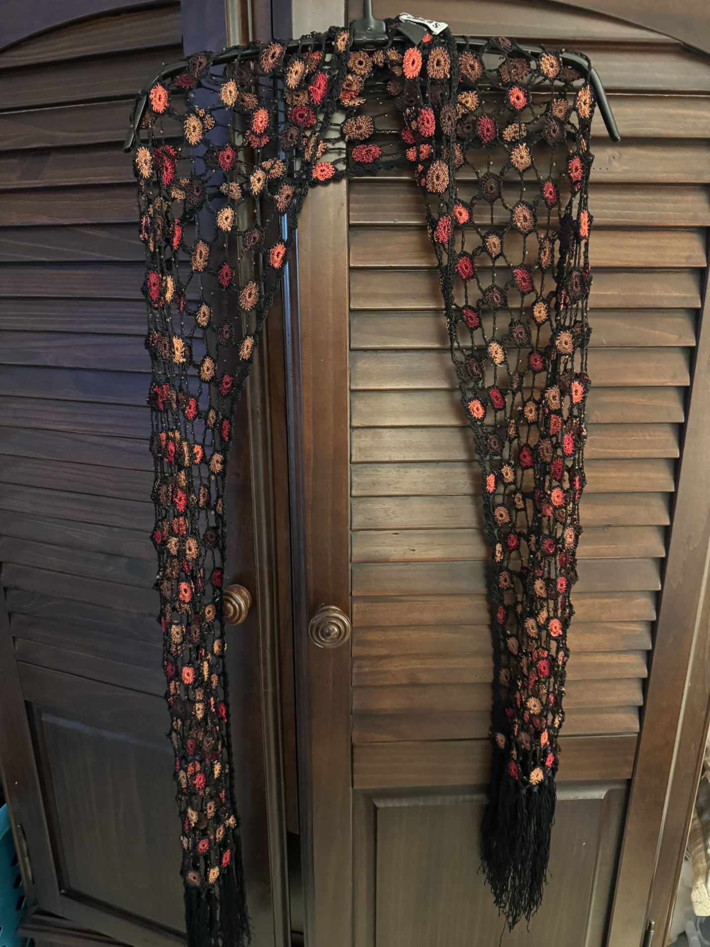 Chico’s Ladies Black Crochet/Knit Scarf Orange, red and brown with fringe ends