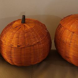 Decorative Wicker Pumpkin Basket Set W/Wooden Stem Lids 