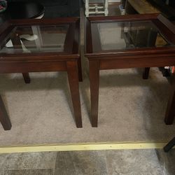 Set Of Wooden  Side Tables With Glass Top 