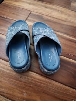 Gucci Women’s GG Logo Platform Slide Sandals GG Denim Blue SZ 37 US in7 Authentic
