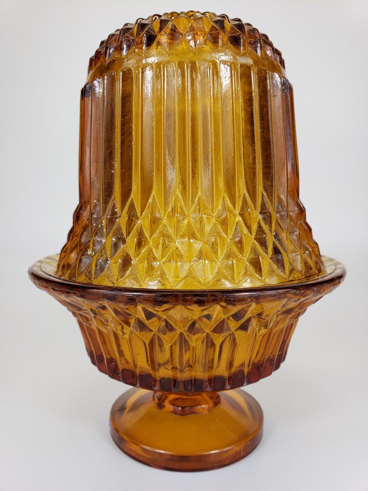 Vintage Indiana Glass Diamond Point Amber Depression Glass Fairy Lamp