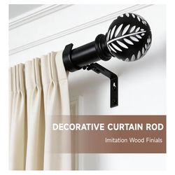 Black Boho Wood Curtain Rods for Windows 66 to 120 Inch - 1 inch Diameter Heavy Duty Curtain Rods with Imitation Wood Grain Leaf Pattern Finials,Adjus