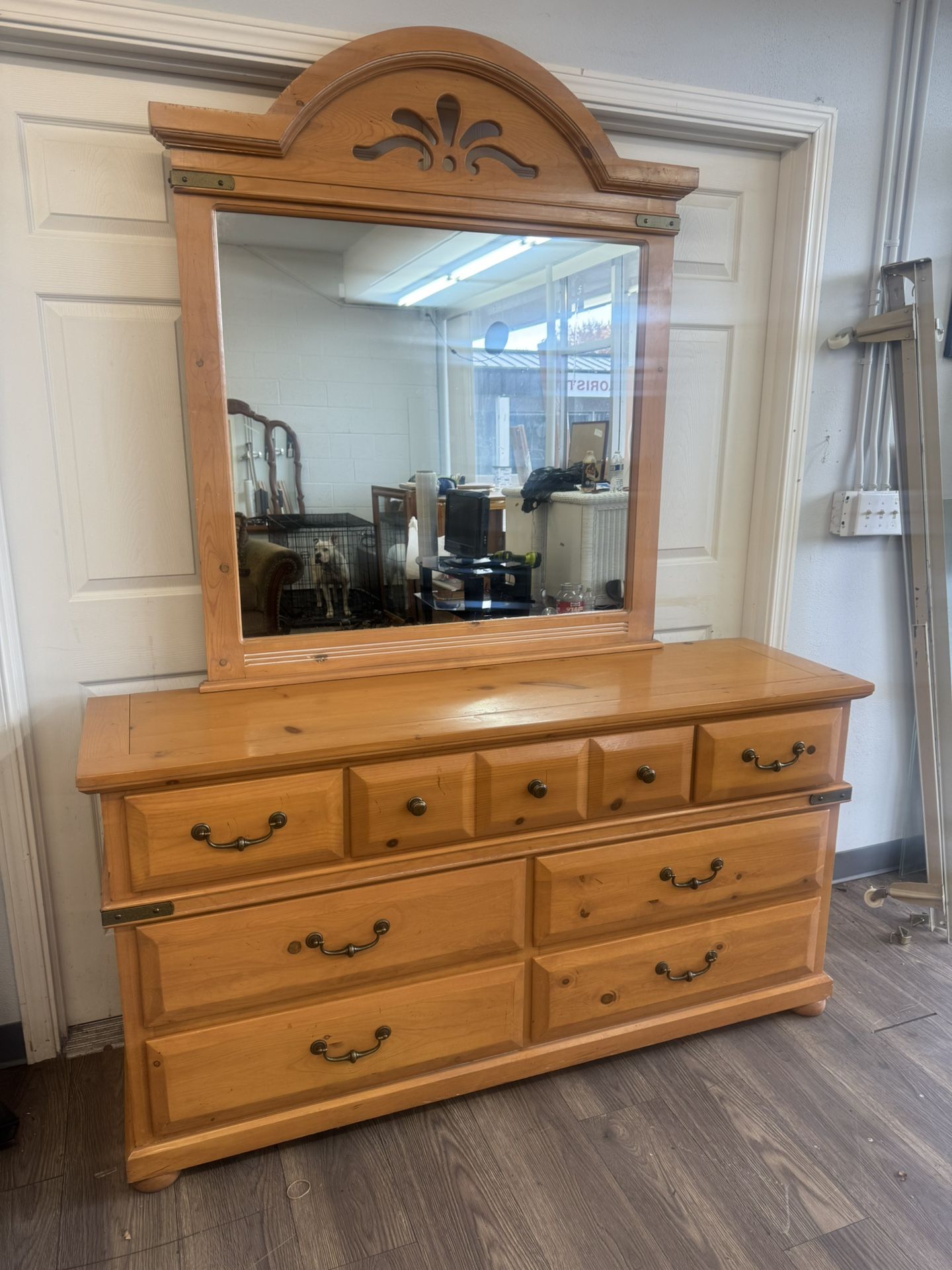 Solid Pine 7-Drawer Dresser with Matching Mirror