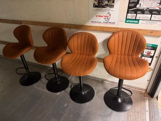 Set of 4 Brown/ Orange Upholstered Swivel Bar Stools