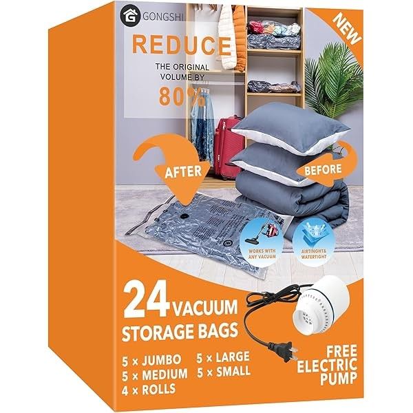24 Pack Vacuum Storage Bags with Electric Pump, (5 Jumbo, 5 Large, 5 Medium, 5 Small, 4 Roll Up Bags) Space Saver Bag for Clothes, Mattress, Blanket,