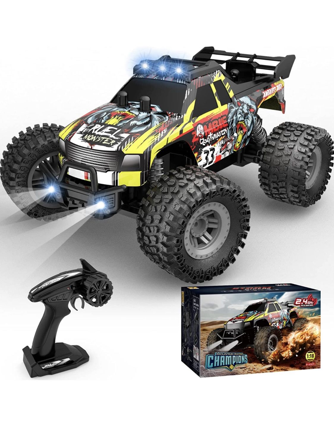 Remote Control Car for Boys & Girls, All Terrain & Off-Road Monster Truck with Flash LED,2 Rechargeable Batteries for 80 Mins Play,2.4GHz, Perfect Bir