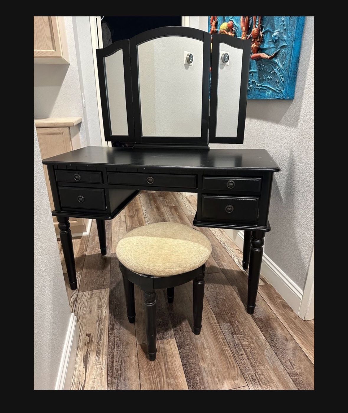 Beautiful, solid wood vanity with mirror and seat