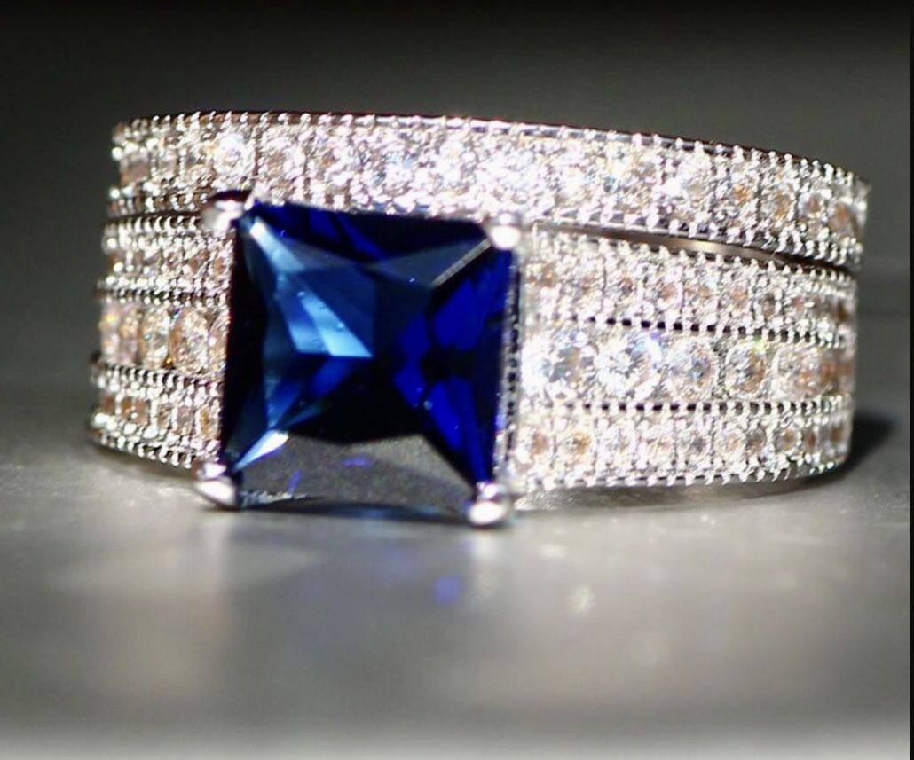 Beautiful 2 PC Sapphire Blue Stamped 925Engagement Wedding Rings Size 8 *See My Other 800 Items*
