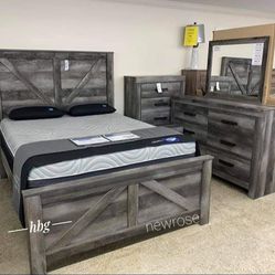 Grey Crossbuck Panel Bed Frame ✨ Bedroom Set 