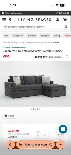 Living spaces couch with chaise