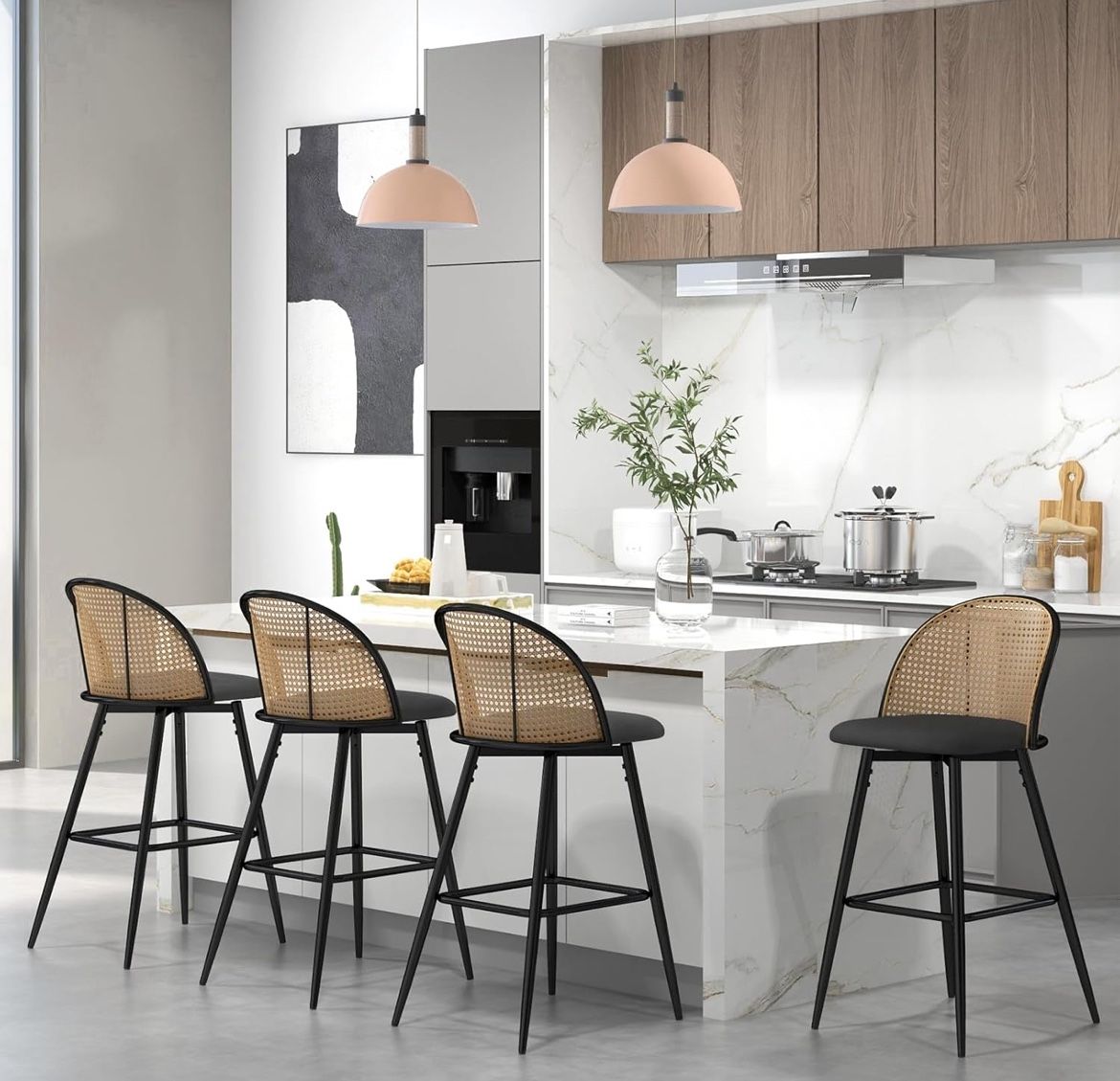 Bar Stools Set of 4 Rattan Swivel 29" Height Barstools for Kitchen Counter Island Mid Century Modern Boho Bar Stool Chairs with Metal Legs Woven Stool