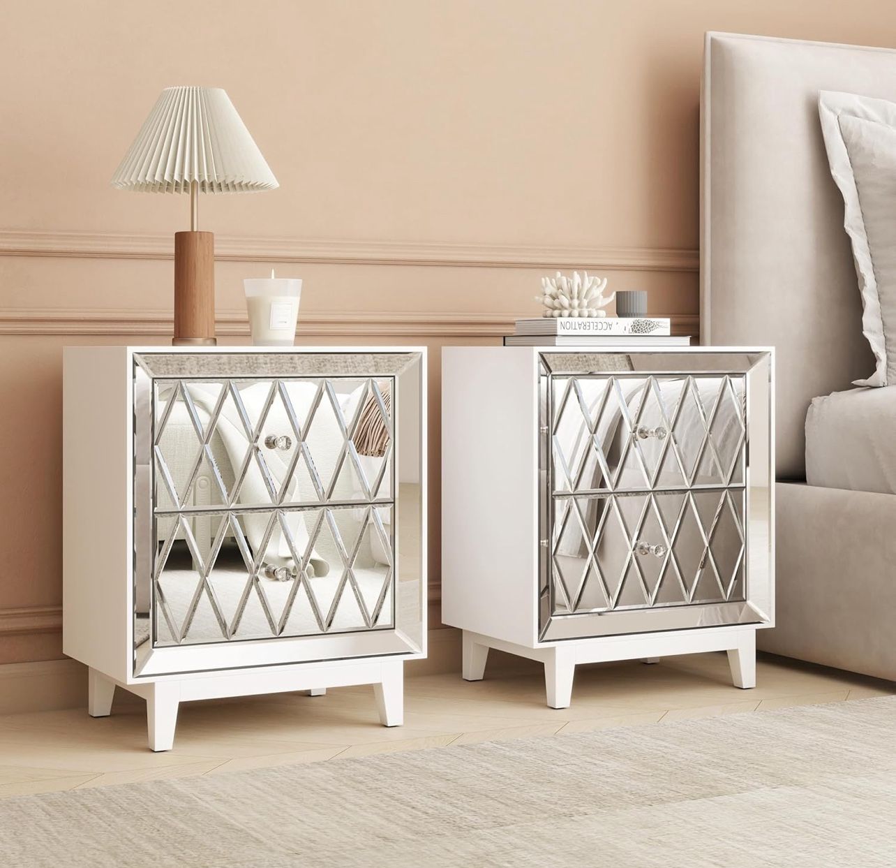 Mirrored Nightstands Glass Silver 18"L x 11.8"W x 22"H Set of 2