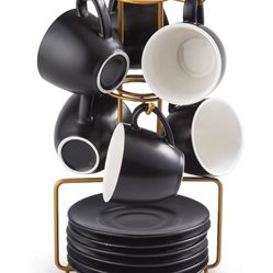 YHOSSEUN 3 Ounces Espresso Cups with Saucers Set + 3 Tier Serving Stand Oval Serving Bowl with Metal Rack