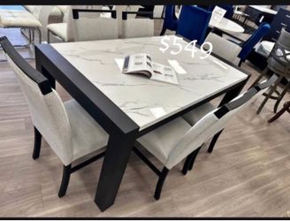 Elegant! 7-pc dining table set white faux marble table top