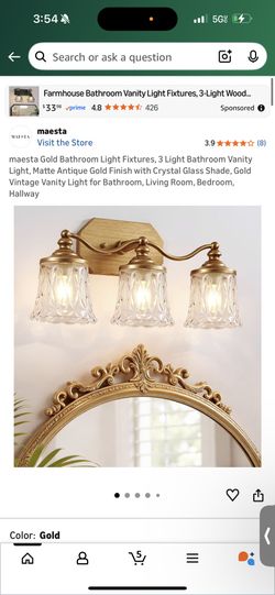 maesta Gold Bathroom Light Fixtures, 3 Light Bathroom Vanity Light, Matte Antique Gold Finish with Crystal Glass Shade, Gold Vintage Vanity Light for 