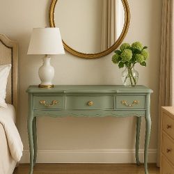 Vintage French Provincial Vanity – Soft Sage Green + Brass - Louis XV Elegance
