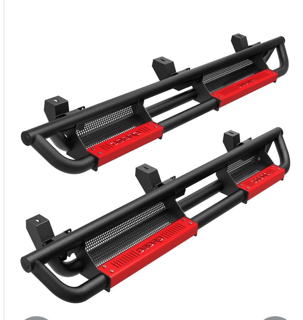 OEdRo All Steel Running Boards With Paintable Step Plates, Bolt-On Side Steps Compatible With 2021-2024 Jeep Wrangler 4XE, Black And Red Powder Coated