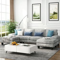New Modern Soft Cotton Chenille Fabric Convertible Sectional Sofa U Shaped Couch for Living Room Oversized Seating with Comfortable Backrest, Grey  Ne