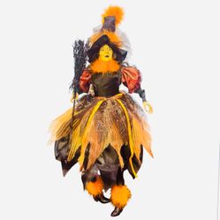 Halloween Victorian Witch Shelf Sitter Doll Figure Black Orange Dress 26"