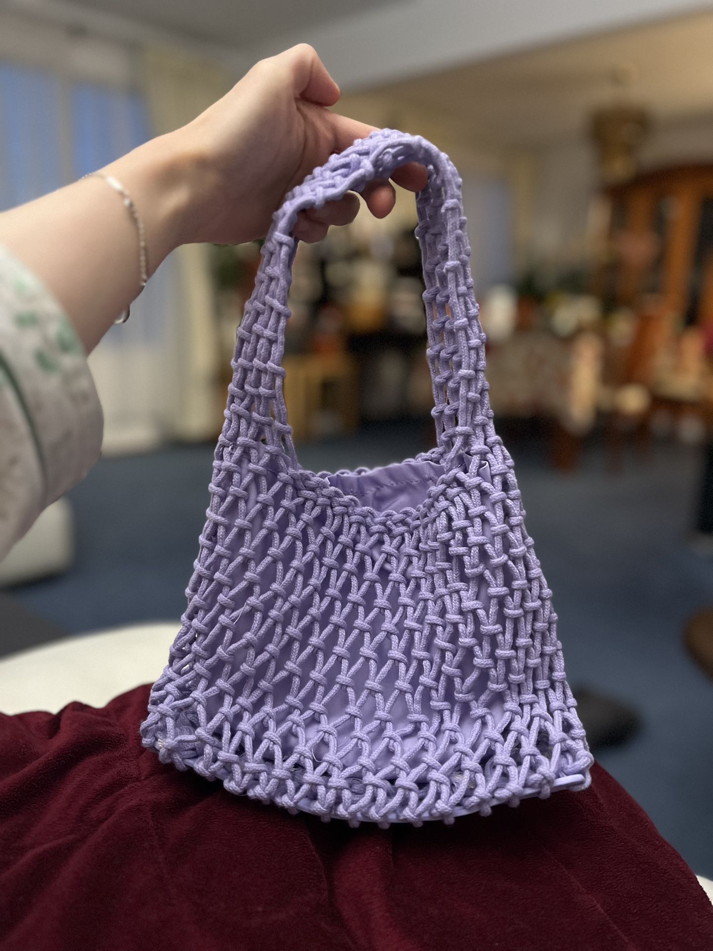 Neiman Marcus Lavender Knit Crochet Mini Tote Satchel Bag