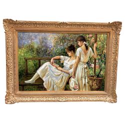 Original Impressionist Painting Woman Girl Reading Garden Gold Framed Artist Signed