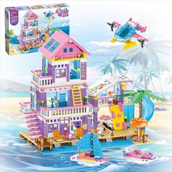 955 Piece Beach House Building Set,Seaside Beach Villa Building Toys Friends Vacation Hut Blocks Set,STEM BuildingToys with Helicopter,Yacht,Sailboat,