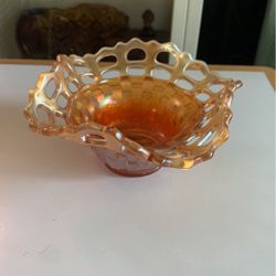 Antique Fenton Marigold Carnival Glass Bon Bon Candy Dish Open Lace Basket Weave 