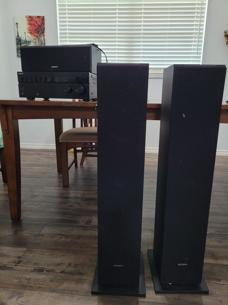 Sony Home Theater AV Receiver, Remote, Center Speaker & 2 Floor Speakers