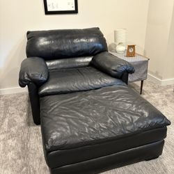 Black Leather Armchair with Ottoman