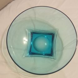  Mid Century Modern 11" Sculptural Blue Art Glass Bowl | Square Center Centerpiece
