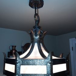 Hand Hammered Copper Craftsman Antique Chandelier Slag Glass American Arts And Crafts Stickley Roycroft