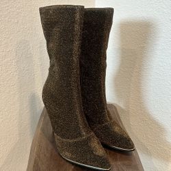 NICOLE MILLER NYC Logan Gold Glitter Pointed Toe Heeled Boot Sz 8.5 