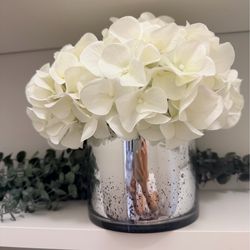 Elegant Faux White Hydrangea Arrangement – Mercury Glass Vase
