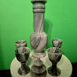 Vintage Marble Onyx Decanter & 4 Shots Goblets Handcarved Natural Gray Tone