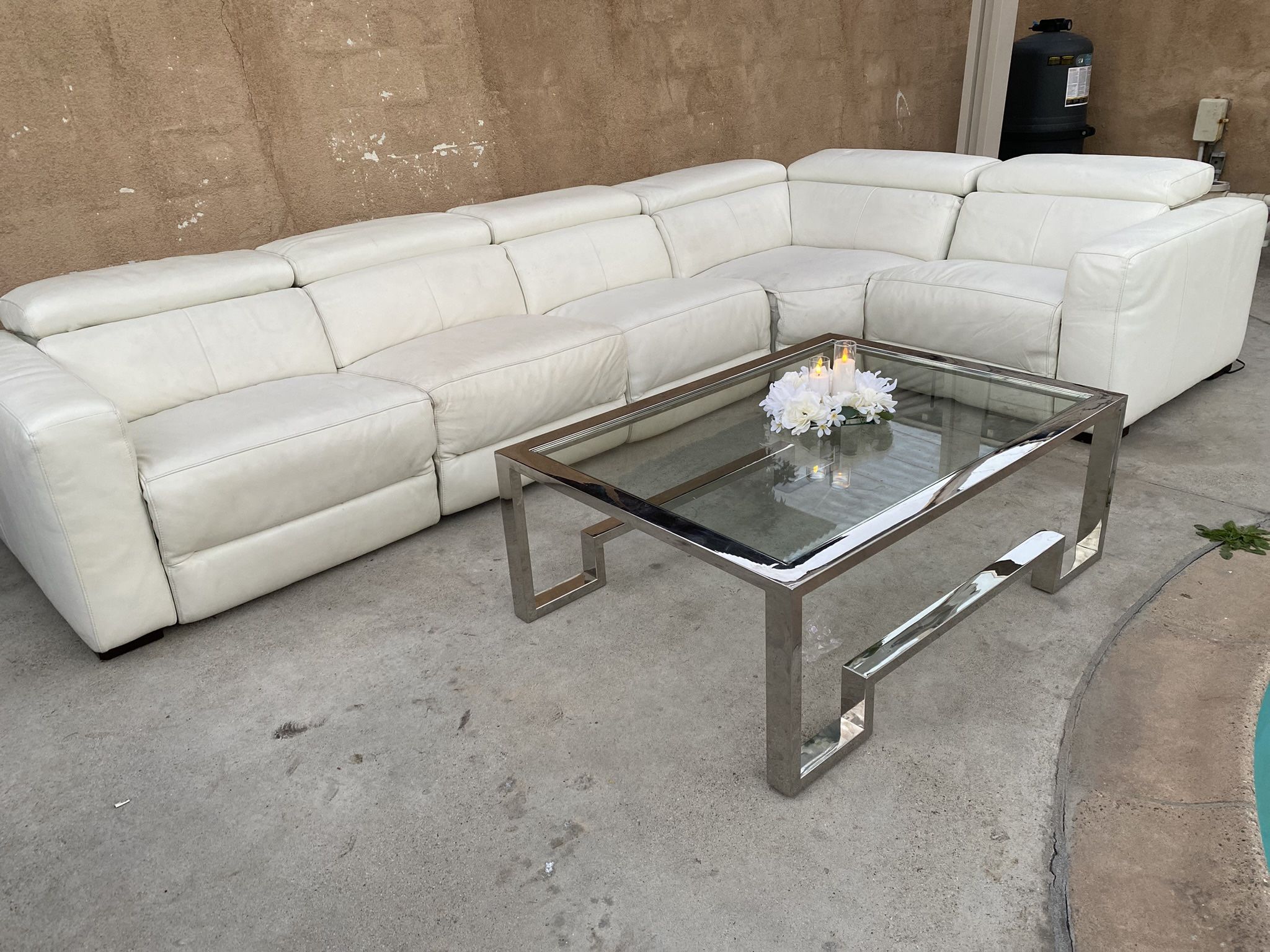 KUKA L Shape Sectional WHITE LEATHER with Adjustable Headrest & 2 Corner Electric Recliner
