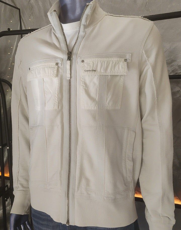 Vintage Calvin Klein Men’s Utility Zip Hoodie Sweater Jacket White Off-White M