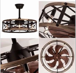 SHLUCE 22" Caged Farmhouse Ceiling Fan with Light, 6 Speeds, Rustic Fandelier Enclosed Ceiling Fans with Lights and Remote, Modern Bladeless Ceiling F