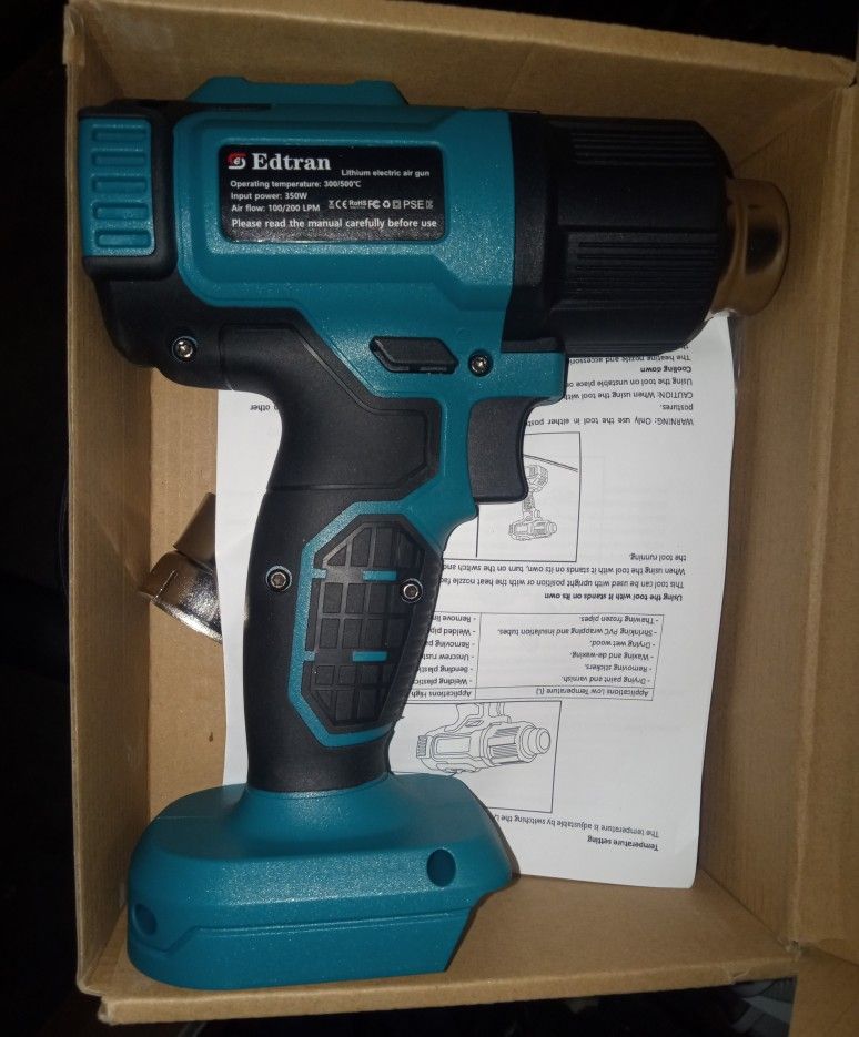 Edtran Cordless Lithium Electric Air / Heat Gun 300-500 Degrees (Tool, Attachments & Heat Resistant Gloves Included - No Battery)