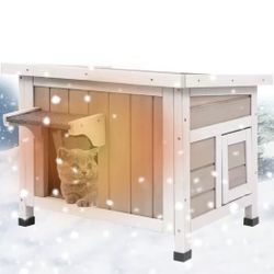 Outdoor Cat House Insulated, Winter Insulated and Thermostatic Outdoor Feral Cat House Weatherproof Solid Wood, Easy Assembly Cat Shelter with Open Ro