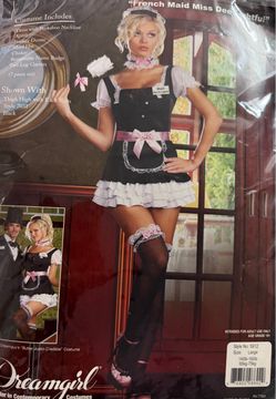 French Maid Adult Women’s Halloween Costume. Size Large (New) *Dress *Apron *Feather Duster *Maid  Hat *Choker *Name Badge *2 Leg Garters.