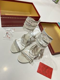 Designer Rene Caovila Chandelier Clear Crystals Silver Sandals Heels 36.5