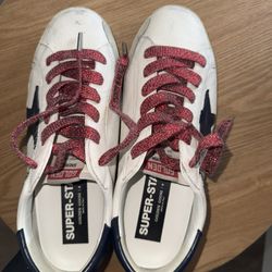 Golden Goose Superstar Sneakers – White with Red Glitter Laces, Size 9.5
