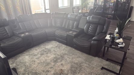 Power Recliner Sectional Sofa Couches With Bass Speakers For Living Room, Faux Leather Reclining Corner Sectionals Sofa Couch Sets With LED Light